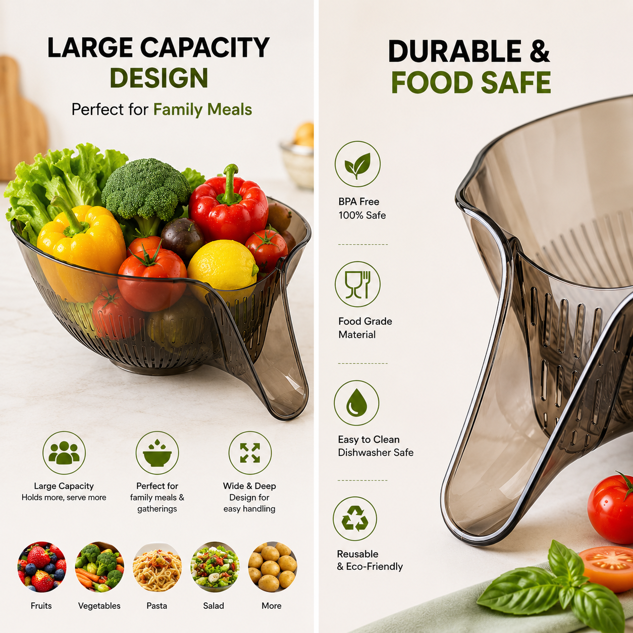 2-in-1 Drain & Serve Bowl with Built-In Strainer | Large Capacity Kitchen Washing & Serving Bowl