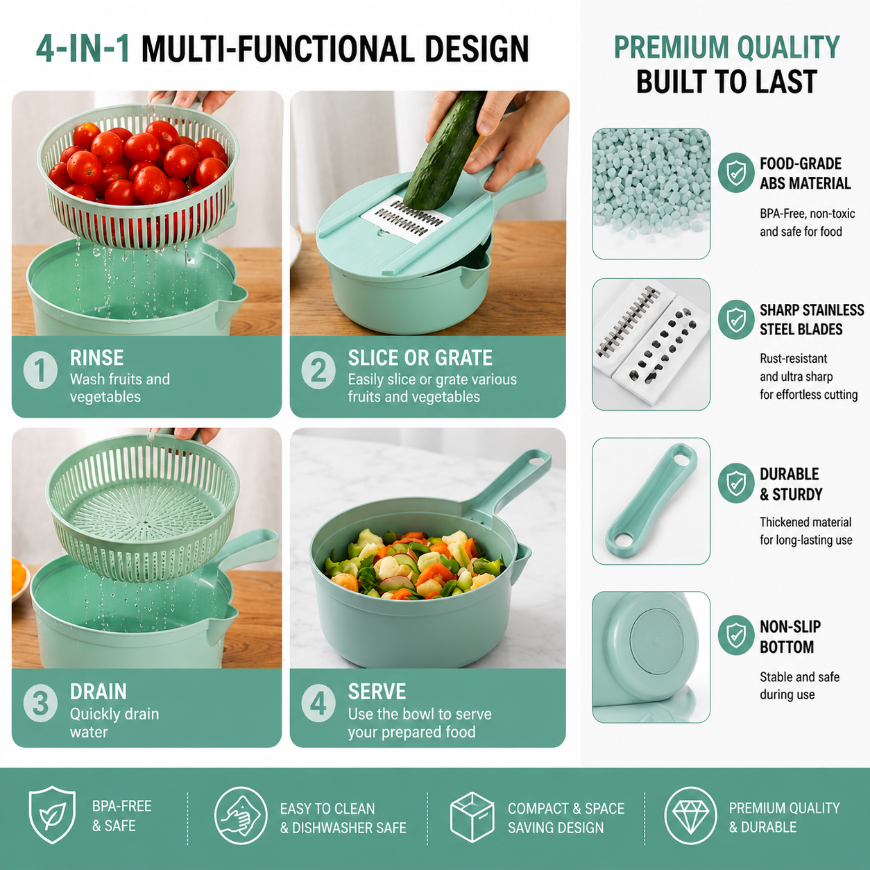 6-in-1 Multifunction Vegetable Slicer & Grater Set with Drain Basket | Kitchen Cutter Combo