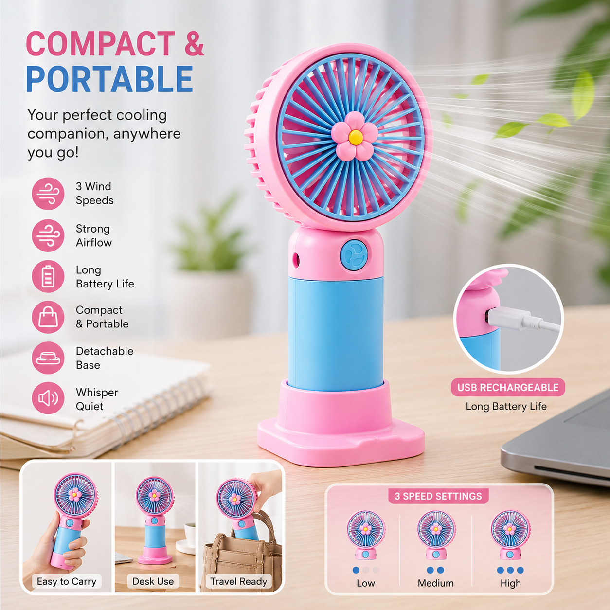 Portable Mini Handheld Fan USB Rechargeable – 3 Speed Personal Cooling Fan with Stand, Quiet Desktop Fan for Home, Office & Travel