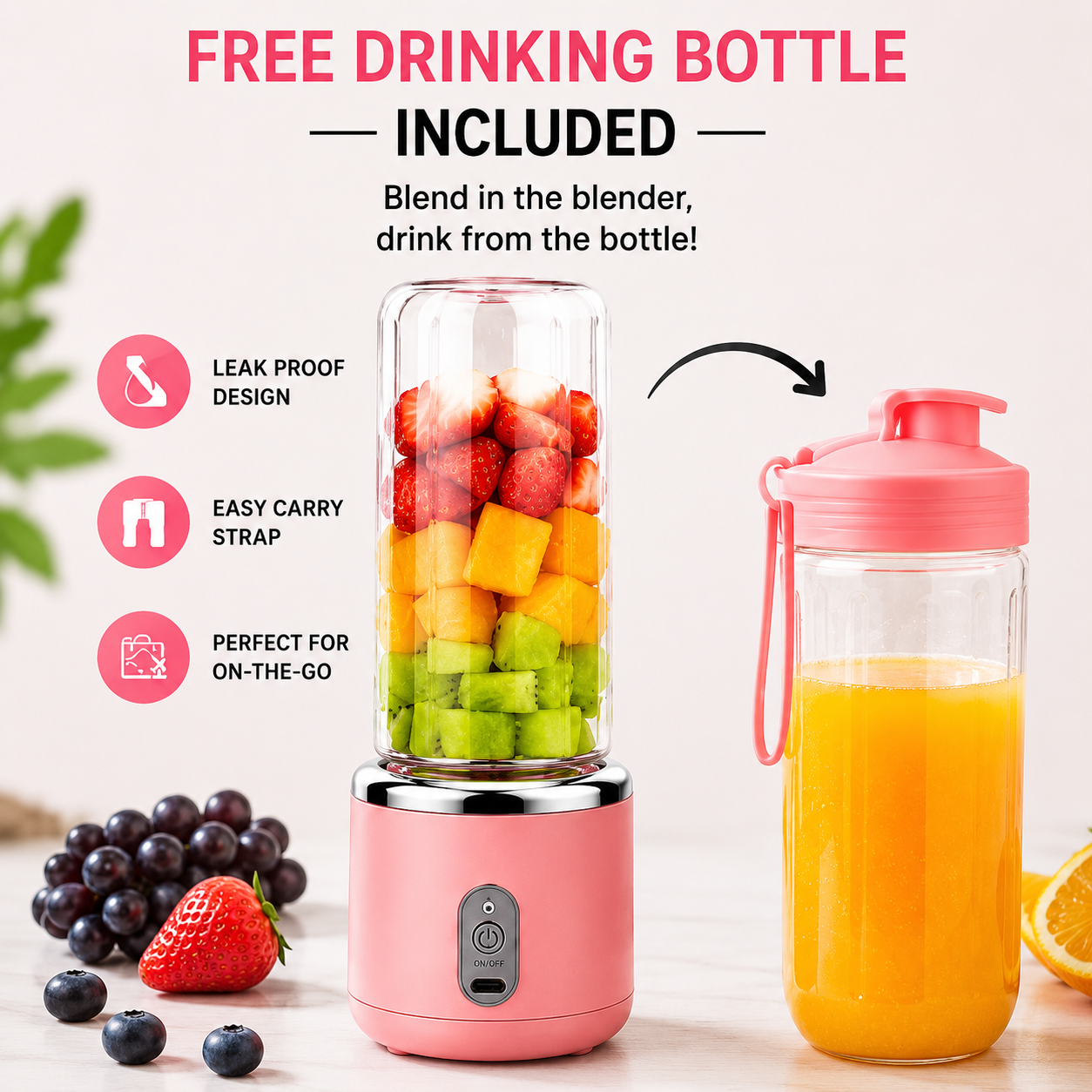 2-in-1 Portable Juicer Blender with Free Drinking Bottle | USB Rechargeable 6-Blade Smoothie Maker