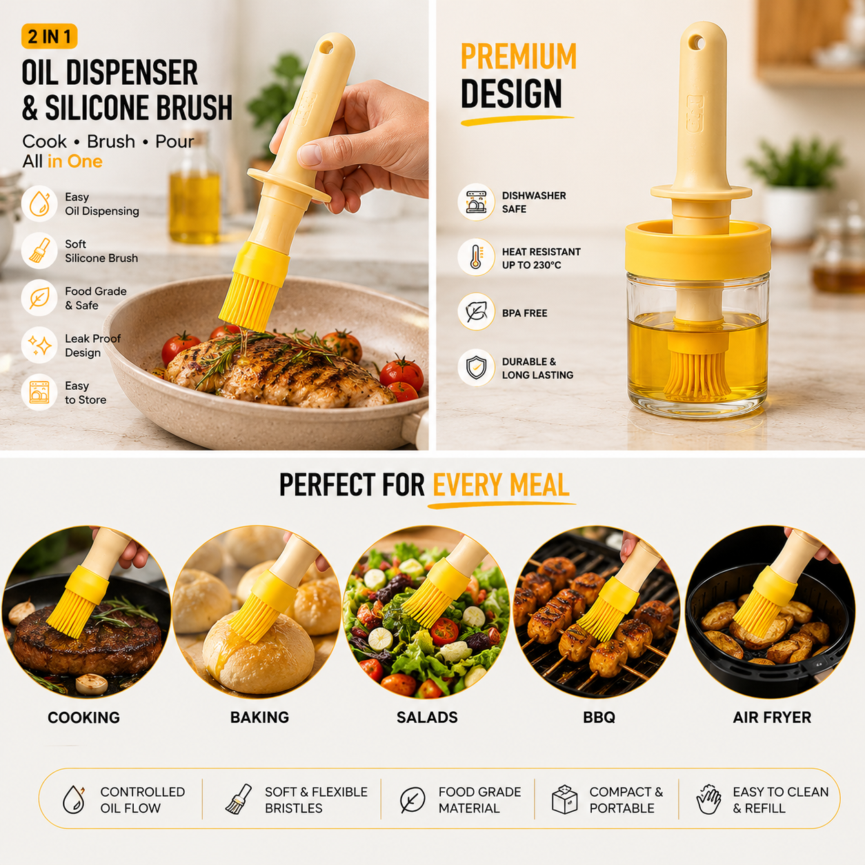 2-in-1 Oil Dispenser Bottle with Silicone Basting Brush | Refillable BBQ & Cooking Brush