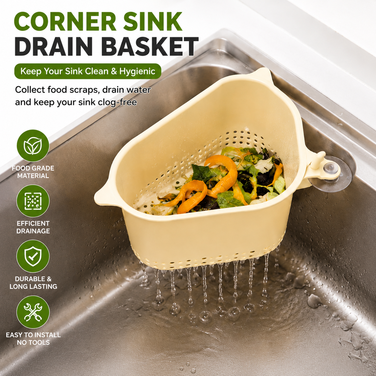 Corner Sink Drain Basket | Kitchen Food Waste Strainer & Drain Organizer
