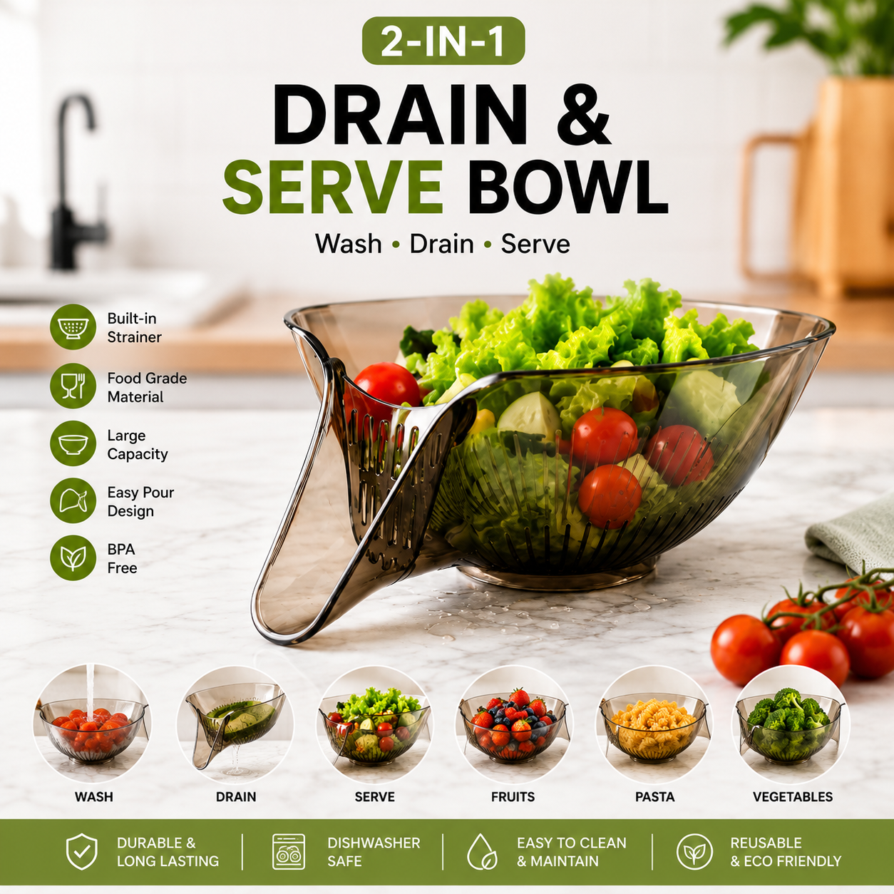 2-in-1 Drain & Serve Bowl with Built-In Strainer | Large Capacity Kitchen Washing & Serving Bowl