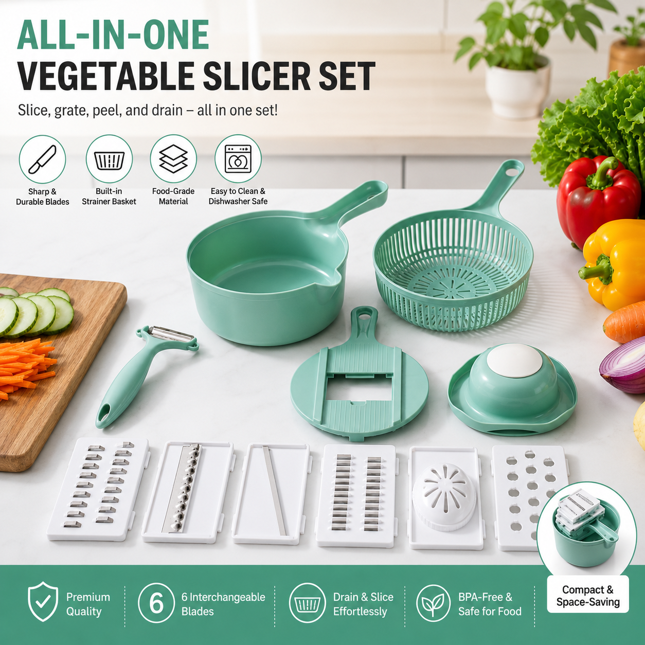 6-in-1 Multifunction Vegetable Slicer & Grater Set with Drain Basket | Kitchen Cutter Combo