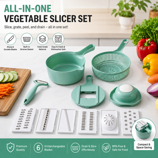 6-in-1 Multifunction Vegetable Slicer & Grater Set with Drain Basket | Kitchen Cutter Combo