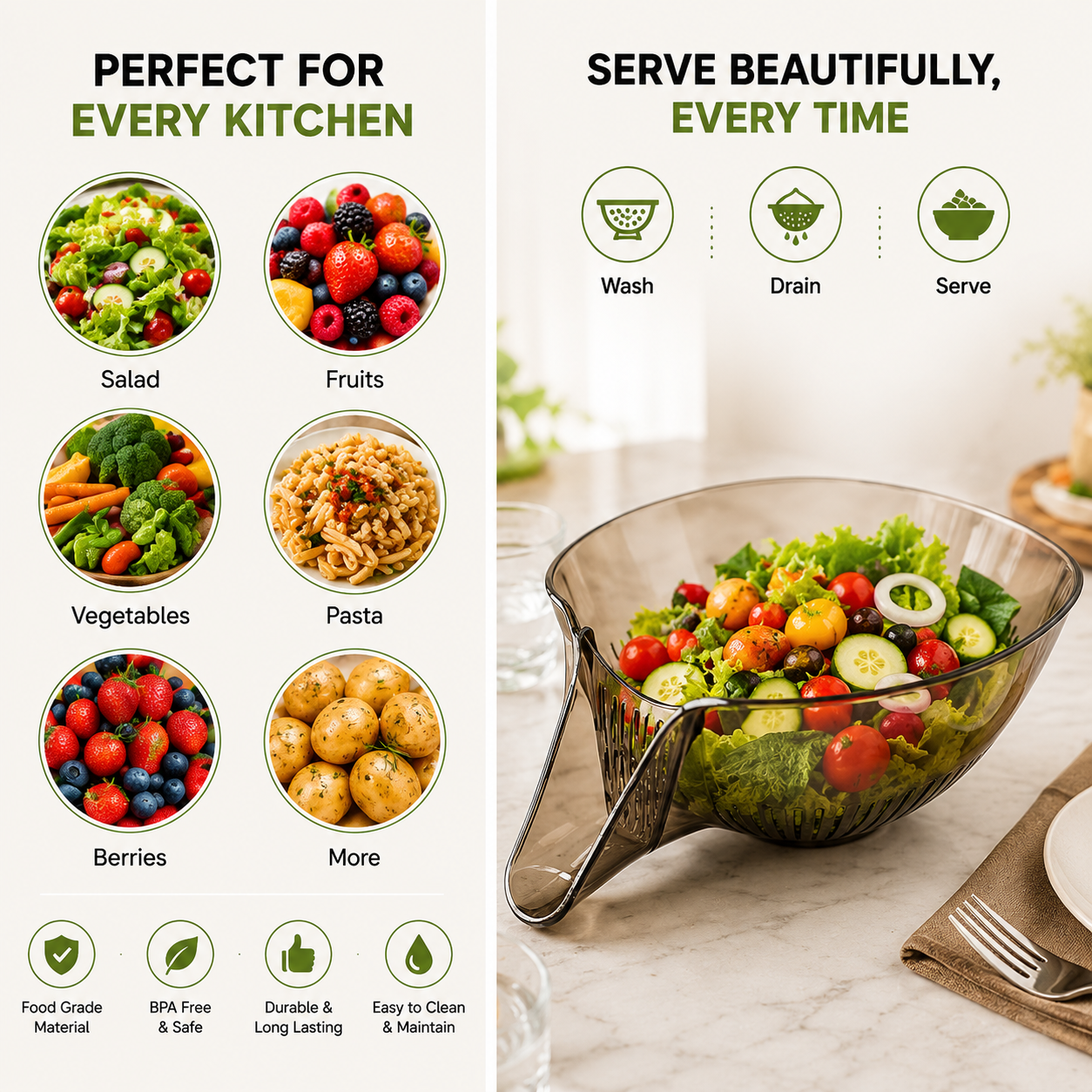 2-in-1 Drain & Serve Bowl with Built-In Strainer | Large Capacity Kitchen Washing & Serving Bowl