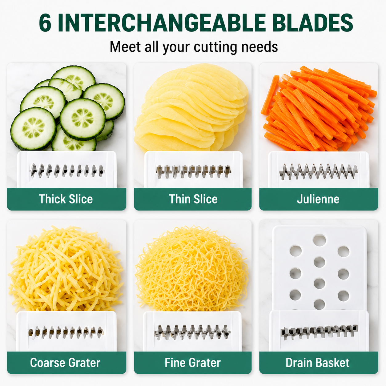 6-in-1 Multifunction Vegetable Slicer & Grater Set with Drain Basket | Kitchen Cutter Combo