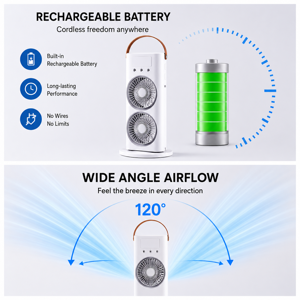 Portable Rechargeable Twin Turbo Fan – Dual Cooling USB Fan with 3 Speed Settings