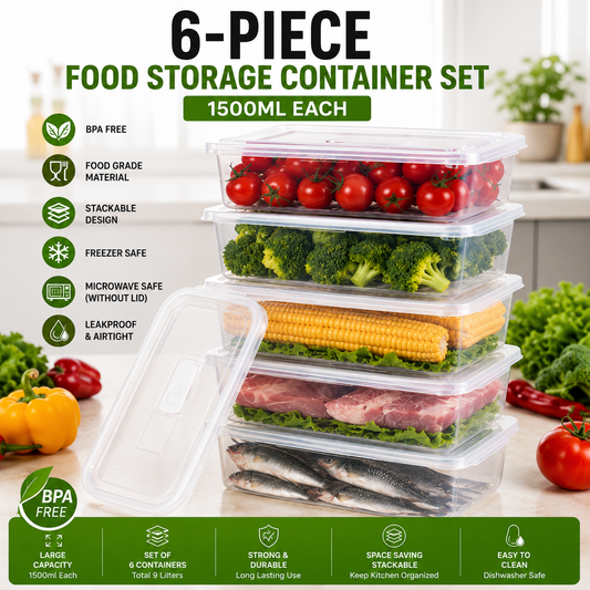 6-Piece Airtight Food Storage Container Set (1500ml Each) | BPA-Free Microwave & Freezer Safe Kitchen Storage Boxes