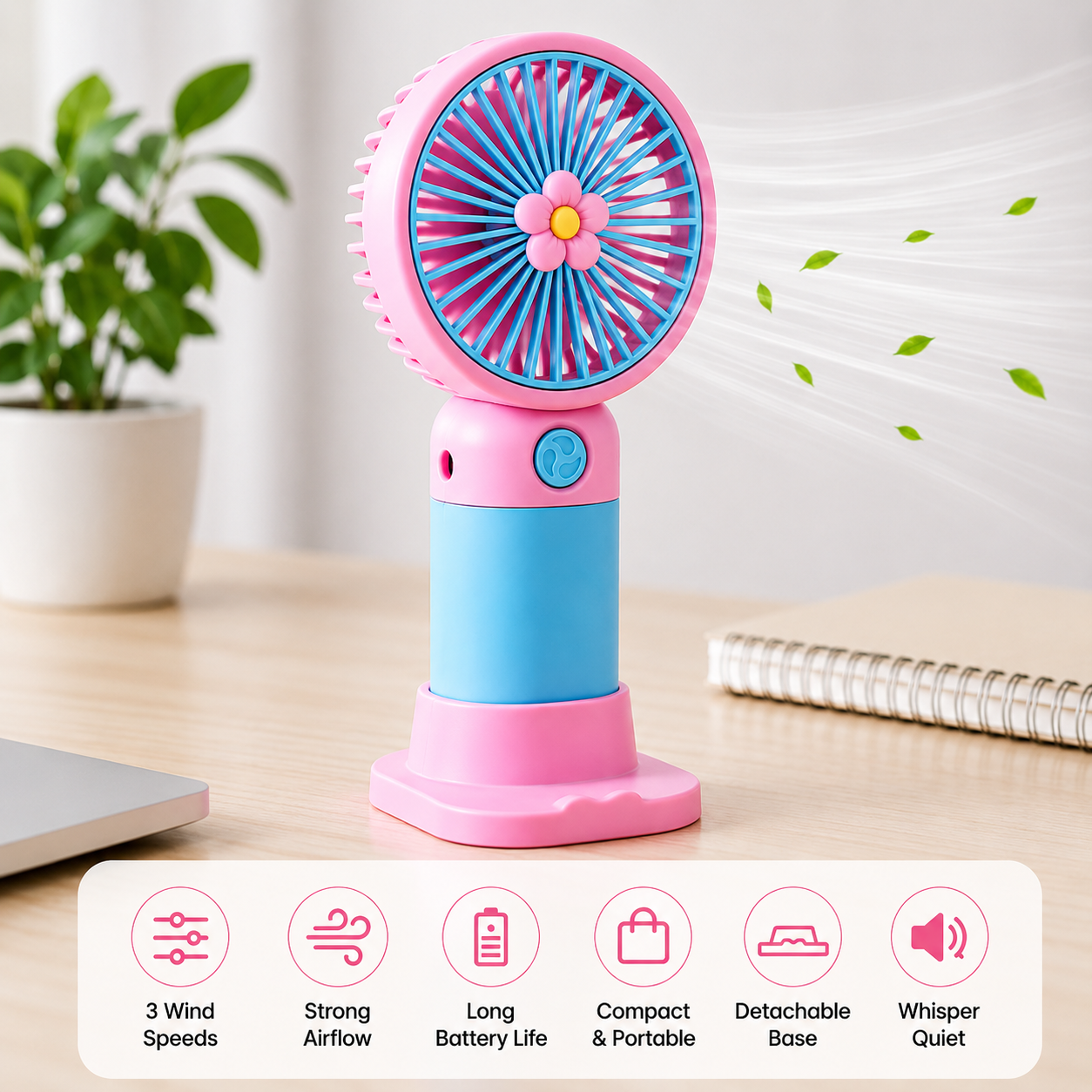 Portable Mini Handheld Fan USB Rechargeable – 3 Speed Personal Cooling Fan with Stand, Quiet Desktop Fan for Home, Office & Travel