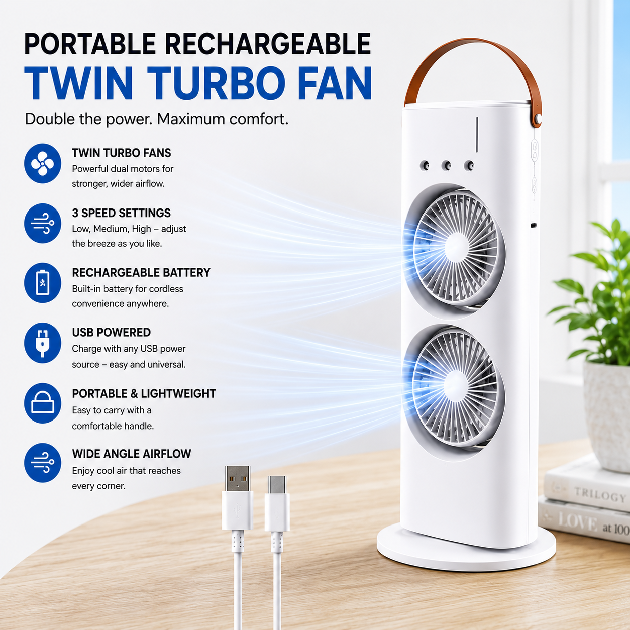 Portable Rechargeable Twin Turbo Fan – Dual Cooling USB Fan with 3 Speed Settings