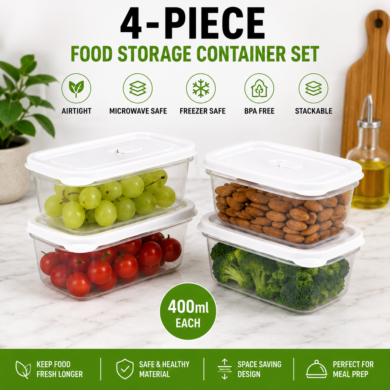 4-Piece Airtight Food Storage Container Set (400ml Each) | Microwave & Freezer Safe Kitchen Storage Boxes