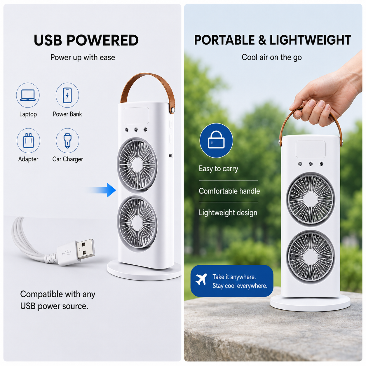 Portable Rechargeable Twin Turbo Fan – Dual Cooling USB Fan with 3 Speed Settings