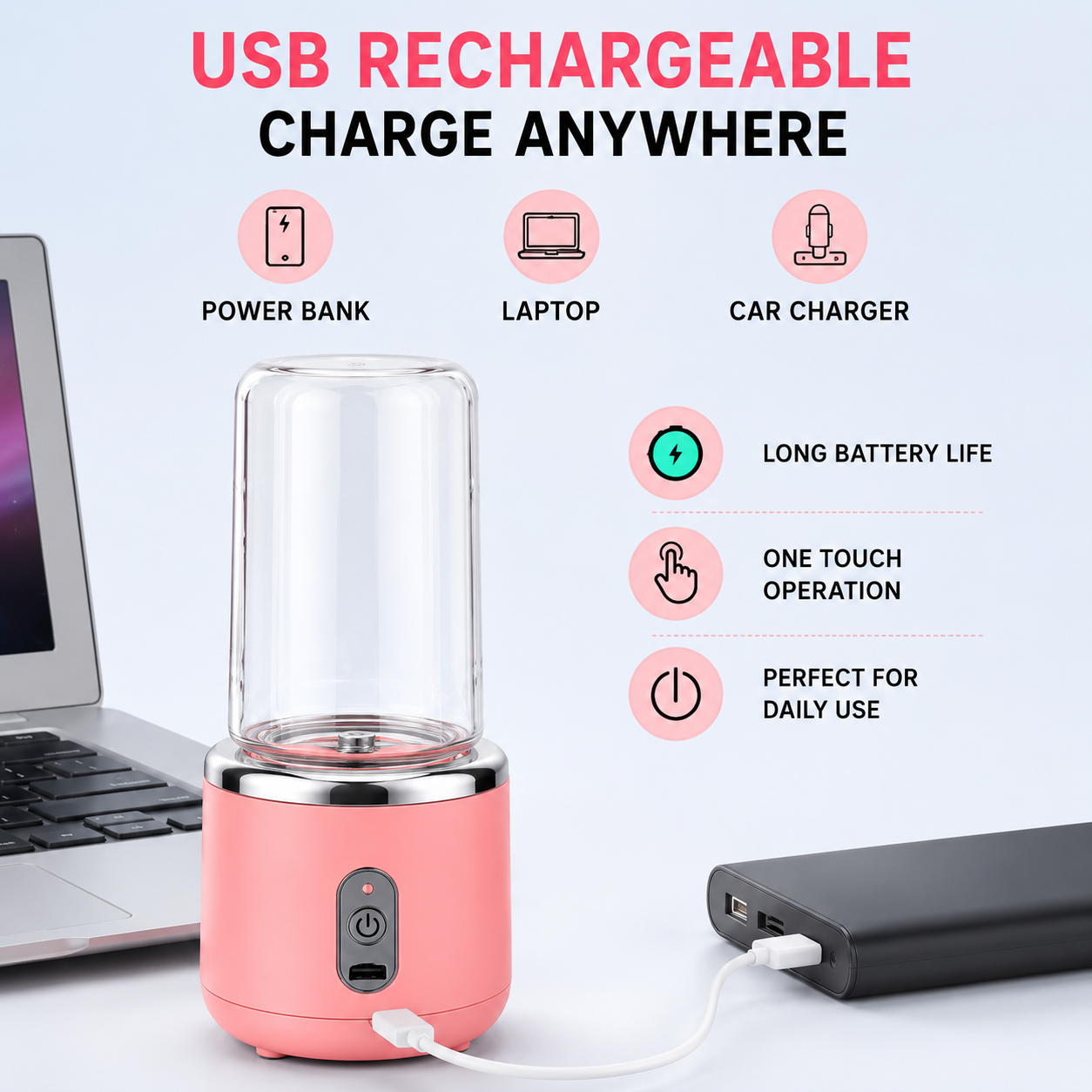 2-in-1 Portable Juicer Blender with Free Drinking Bottle | USB Rechargeable 6-Blade Smoothie Maker