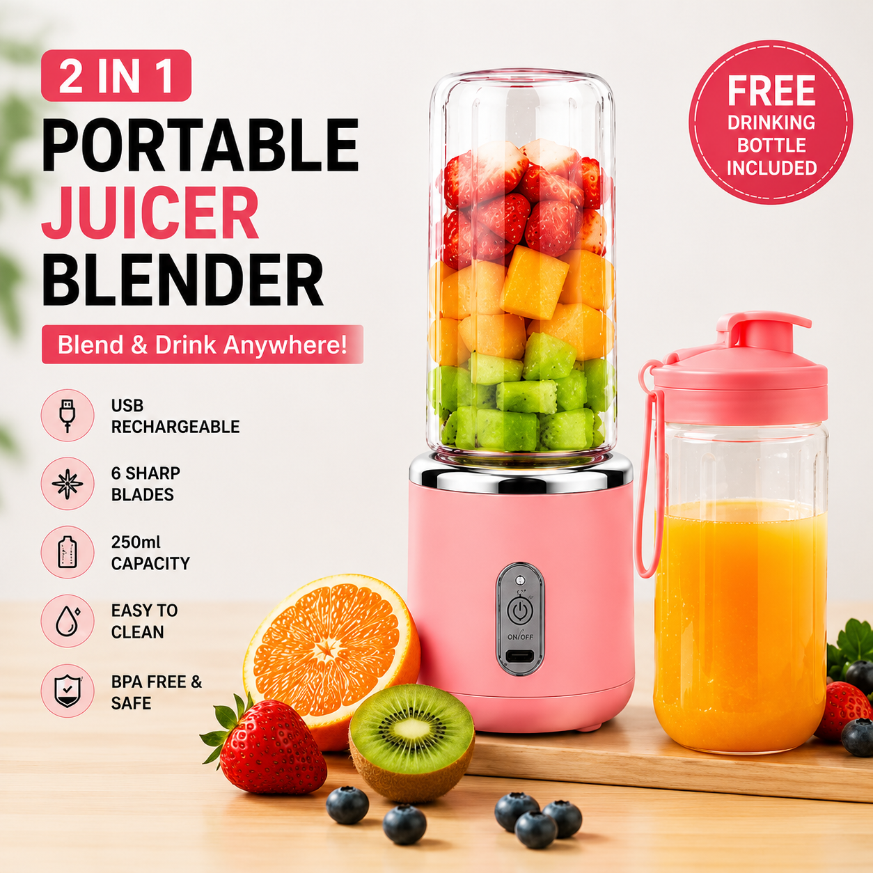 2-in-1 Portable Juicer Blender with Free Drinking Bottle | USB Rechargeable 6-Blade Smoothie Maker