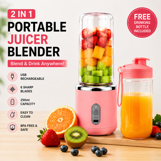 2-in-1 Portable Juicer Blender with Free Drinking Bottle | USB Rechargeable 6-Blade Smoothie Maker