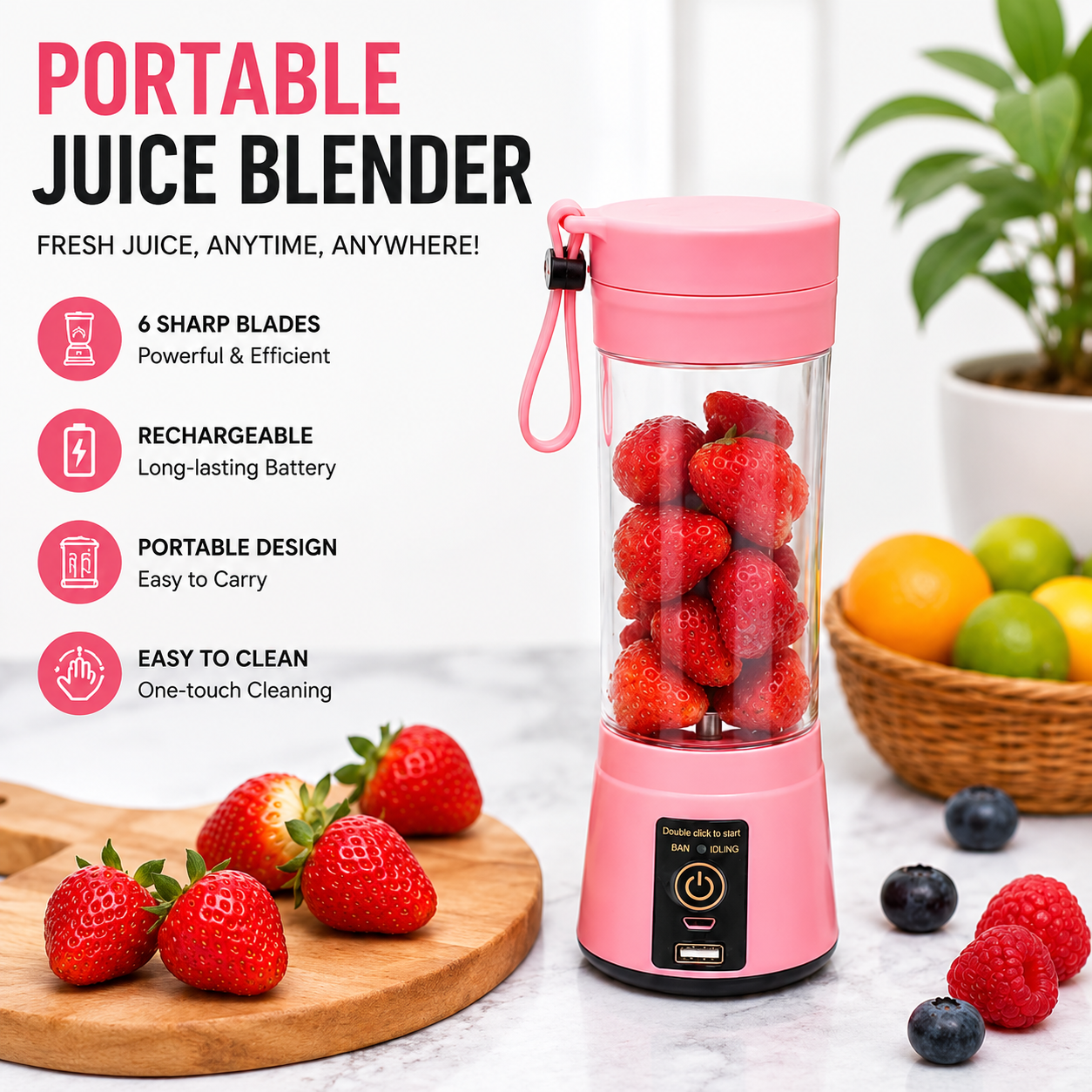 Portable USB Electric Juicer Blender | 6-Blade Rechargeable Smoothie Maker